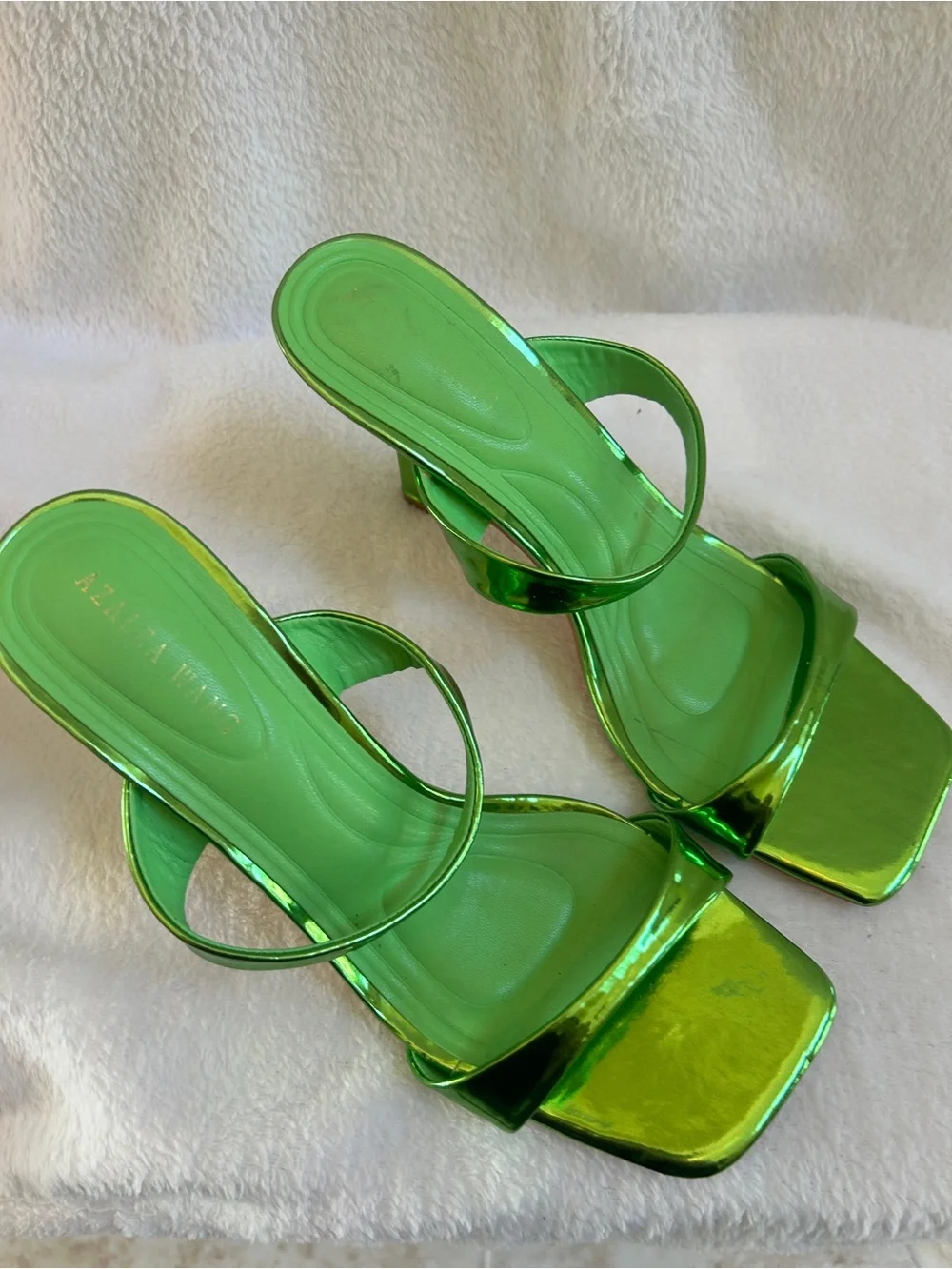 Metallic Green Strappy Square-Toe Heels